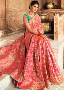 Hot Pink Woven Banarasi Silk Saree with Embroidered Blouse