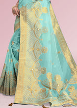 Cargar imagen en el visor de la galería, Aqua Blue Zari Woven Silk Saree with Tassels on Pallu