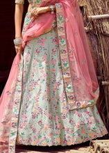 Cargar imagen en el visor de la galería, Light Caribbean Green Satin Lehenga Choli with Sequins, Swarvoski, Resham &amp; Zarkan work