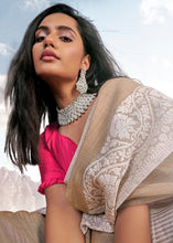 Laden Sie das Bild in den Galerie-Viewer, Umber Brown Soft Linen Silk Saree with Lucknowi work and Sequence Blouse