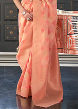 Load image into Gallery viewer, Salmon Peach Orange Lehariya Handloom Weaving Organza Silk Saree