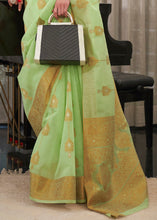 Load image into Gallery viewer, Kelly Green Copper Zari Woven Linen Silk Saree