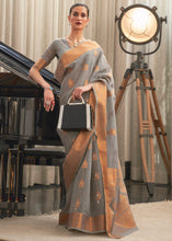 Load image into Gallery viewer, Seal Grey Copper Zari Woven Linen Silk Saree