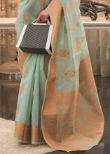 Load image into Gallery viewer, Emerald Green Copper Zari Woven Linen Silk Saree