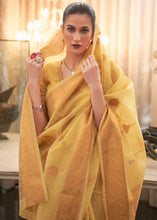 Load image into Gallery viewer, Canary Yellow Copper Zari Woven Linen Silk Saree