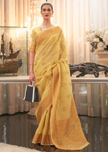 Load image into Gallery viewer, Canary Yellow Copper Zari Woven Linen Silk Saree