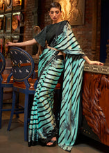 Laden Sie das Bild in den Galerie-Viewer, Aqua Blue Designer Satin Crepe Printed Saree