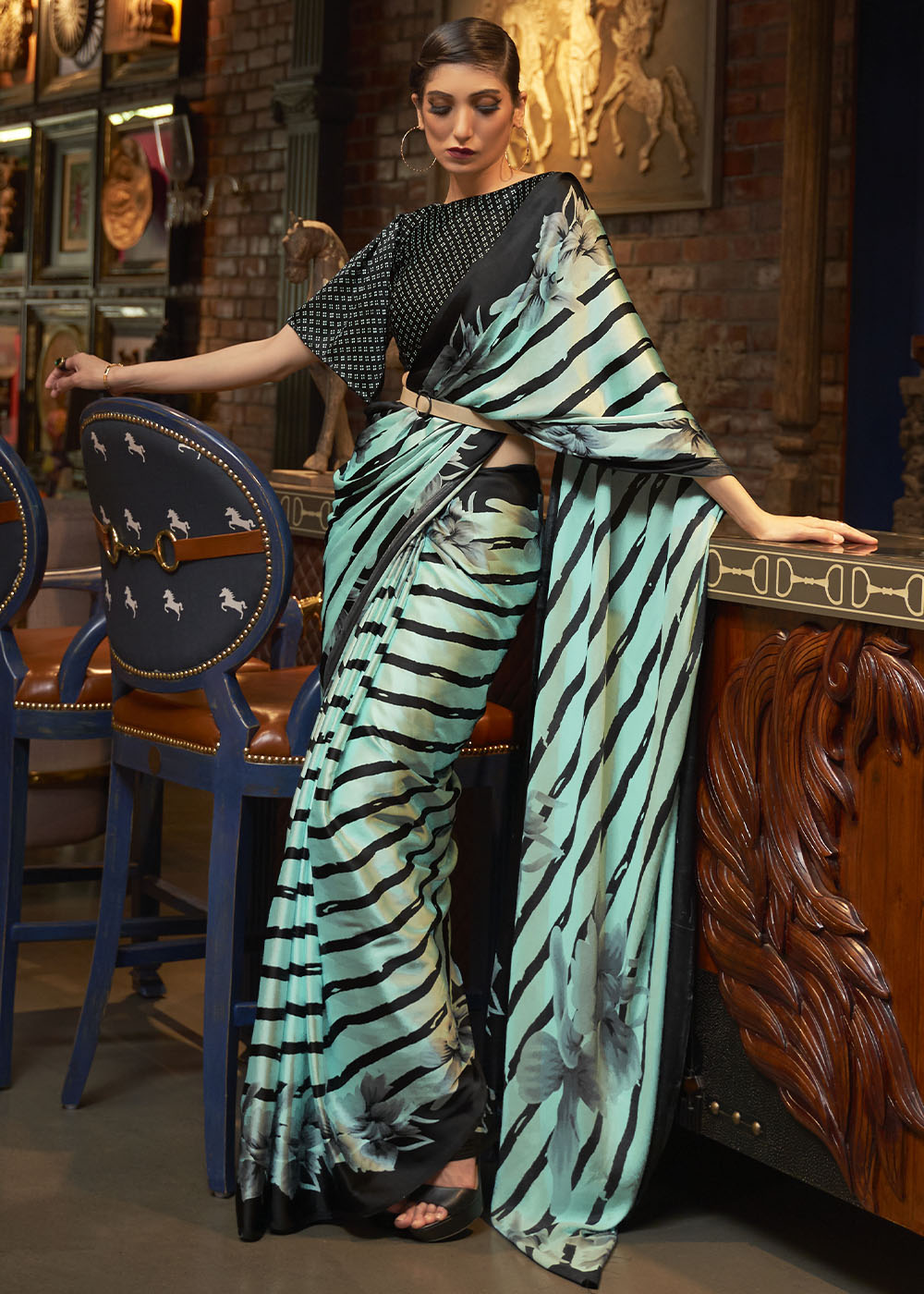 Aqua Blue Designer Satin Crepe Printed Saree