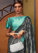 Load image into Gallery viewer, Grey &amp; Blue Designer Satin Crepe Printed Saree