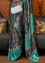Load image into Gallery viewer, Grey &amp; Blue Designer Satin Crepe Printed Saree
