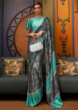 Load image into Gallery viewer, Grey &amp; Blue Designer Satin Crepe Printed Saree