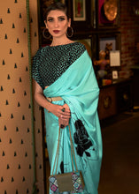 Load image into Gallery viewer, Turquoise Blue Designer Satin Crepe Printed Saree
