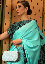 Load image into Gallery viewer, Turquoise Blue Designer Satin Crepe Printed Saree
