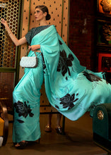 Load image into Gallery viewer, Turquoise Blue Designer Satin Crepe Printed Saree