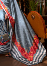 Load image into Gallery viewer, Lead Grey Designer Satin Crepe Printed Saree