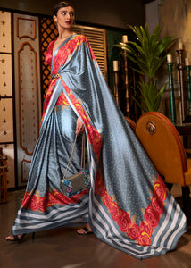 Lead Grey Designer Satin Crepe Printed Saree