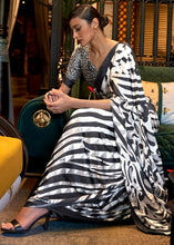 Load image into Gallery viewer, White &amp; Black Designer Satin Crepe Printed Saree