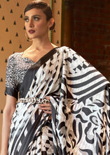 Load image into Gallery viewer, White &amp; Black Designer Satin Crepe Printed Saree