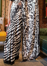 Load image into Gallery viewer, White &amp; Black Designer Satin Crepe Printed Saree