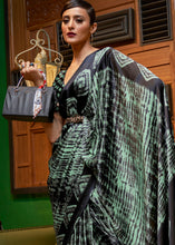 Load image into Gallery viewer, Green &amp; Black Designer Satin Crepe Printed Saree