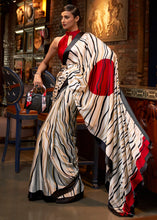 Load image into Gallery viewer, Daisy White Designer Satin Crepe Printed Saree : Top Pick