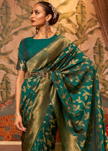 Load image into Gallery viewer, Dark Sea Green Woven Floral Banarasi Silk Saree