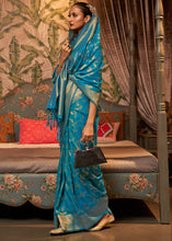 Load image into Gallery viewer, Dark Cerulean Blue Woven Floral Banarasi Silk Saree