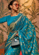 Load image into Gallery viewer, Dark Cerulean Blue Woven Floral Banarasi Silk Saree