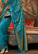 Load image into Gallery viewer, Dark Cerulean Blue Woven Floral Banarasi Silk Saree
