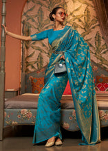 Load image into Gallery viewer, Dark Cerulean Blue Woven Floral Banarasi Silk Saree