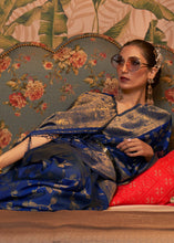 Load image into Gallery viewer, Dark Whale Blue Woven Floral Banarasi Silk Saree