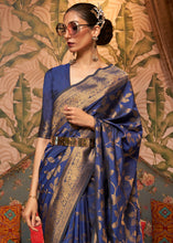 Load image into Gallery viewer, Dark Whale Blue Woven Floral Banarasi Silk Saree
