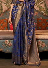 Load image into Gallery viewer, Dark Whale Blue Woven Floral Banarasi Silk Saree