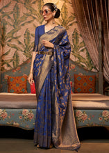 Load image into Gallery viewer, Dark Whale Blue Woven Floral Banarasi Silk Saree