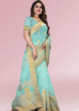 Cargar imagen en el visor de la galería, Aqua Blue Zari Woven Silk Saree with Tassels on Pallu