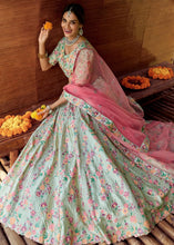 Load image into Gallery viewer, Light Caribbean Green Satin Lehenga Choli with Sequins, Swarvoski, Resham &amp; Zarkan work