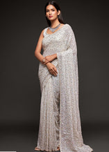 Cargar imagen en el visor de la galería, Pearl White Sequins &amp; Thread Embroidered Designer Georgette Saree