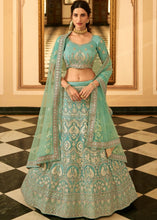 Load image into Gallery viewer, Turquoise Blue Organza Lehenga Choli with Zari, Dori, Resham, Gota &amp; Zarkan work