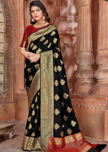 Carica l&#39;immagine nel visualizzatore Galleria,Sable Black Zari Woven Soft Silk Saree with overall Butti work