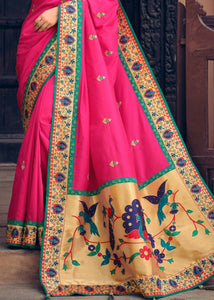 Hot Pink Woven Paithani Banarasi Silk Saree with Swarovski work & Embroidered Blouse