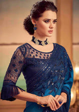 Load image into Gallery viewer, Shades Of Blue Designer Embroidered Satin Silk Saree with Sequence work