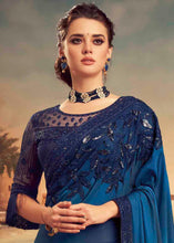 Load image into Gallery viewer, Shades Of Blue Designer Embroidered Satin Silk Saree with Sequence work