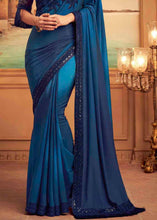 Load image into Gallery viewer, Shades Of Blue Designer Embroidered Satin Silk Saree with Sequence work