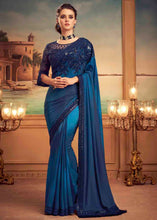 Load image into Gallery viewer, Shades Of Blue Designer Embroidered Satin Silk Saree with Sequence work