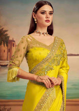 Load image into Gallery viewer, Lemon Yellow Designer Embroidered Satin Silk Saree with Sequence work