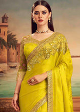 Load image into Gallery viewer, Lemon Yellow Designer Embroidered Satin Silk Saree with Sequence work