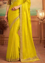 Load image into Gallery viewer, Lemon Yellow Designer Embroidered Satin Silk Saree with Sequence work