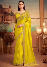 Load image into Gallery viewer, Lemon Yellow Designer Embroidered Satin Silk Saree with Sequence work
