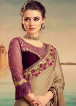 Load image into Gallery viewer, Oak Brown Designer Embroidered Satin Silk Saree with Sequence work