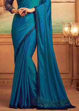 Load image into Gallery viewer, Shades Of Blue Designer Embroidered Satin Silk Saree with Sequence work